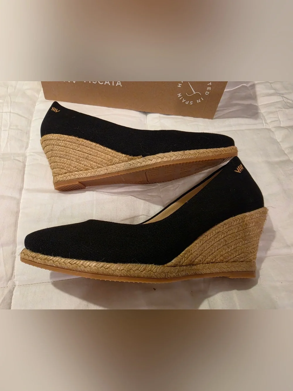 Viscata Barcelona Black Roses Canvas V Cut Espadrille Wedge Pumps